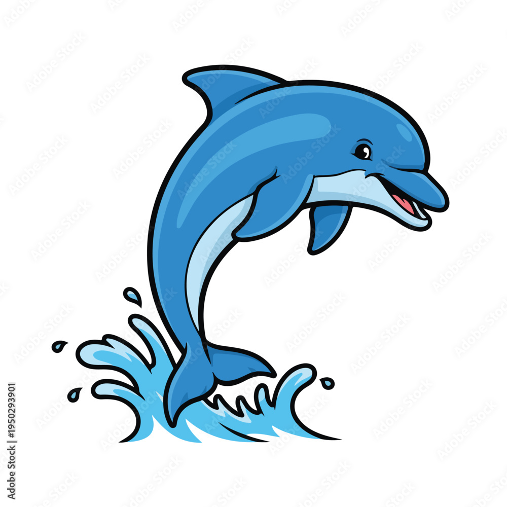 Fototapeta premium Cartoon dolphin jumping out of water on white background