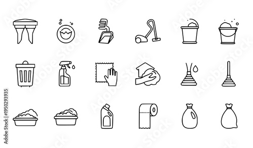 Thin line household cleaning icon collection with vacuum bucket toilet plunger shampoo and garbage vector set