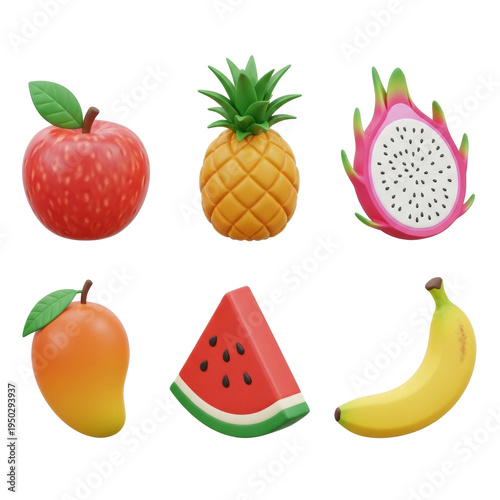 Collection of six colorful, stylized 3D rendered glossy fruit icons (apple, pineapple, dragon fruit, mango, watermelon, banana) on transparent background with copy space, healthy food concept