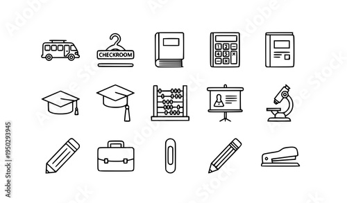 Thin line academic and office icon pack with bus hanger book calculator microscope and stationery vector