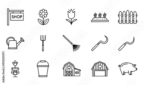 Thin line farm and garden icon set with flower watering can rake sickle fence and barn vector outline collection