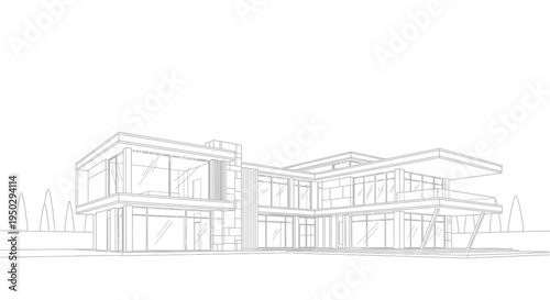 Architectural sketch showcasing a luxurious modern house with expansive windows and multiple levels for contemporary living design concept.