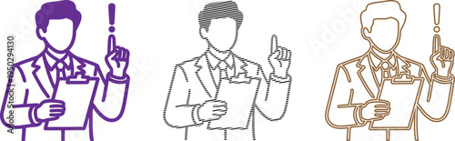 Three outline illustrations of a man holding clipboard and pointing finger
