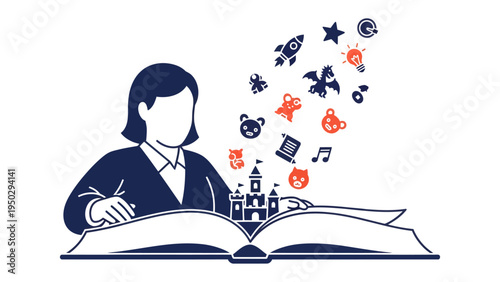 Creative Storytelling: An illustration of a woman in deep concentration, penning an intriguing narrative. Imaginative symbols cascade from a storybook.