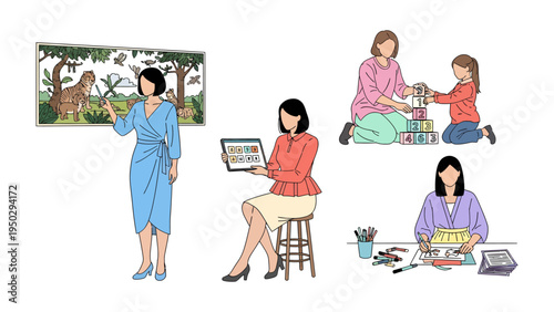 Educational Pursuit: Depicting various scenes of educational activities and a teacher with students in a learning environment, fostering creativity and engaging young minds.