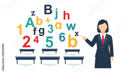 Teaching and Learning: A dedicated educator in a classroom setting, surrounded by symbolic letters and numbers, embodies the core of education and intellectual exploration.