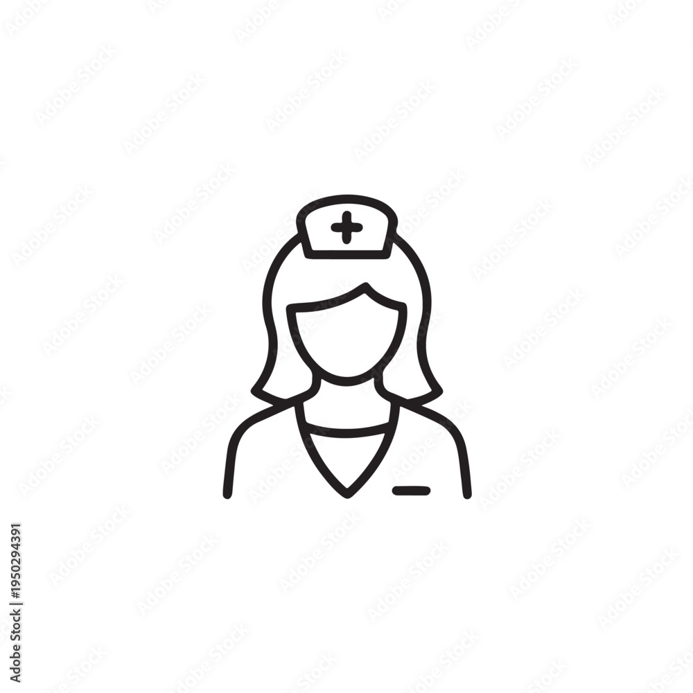 Obraz premium A black and white line art vector icon representing a professional nurse with a medical cap on Vector, illustration