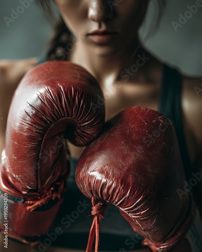 Focused Athlete with Red Boxing Gloves in Intense Training Session