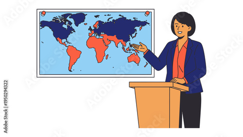 World Map Presentation: A woman, standing behind a podium, gestures towards a world map, pointing out a particular region or area, as if giving a presentation or lesson. 