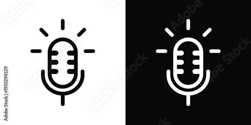 Minimalist outline microphone icon with signal rays. Vector linear design for live streaming, active voice recording, and podcasting. Modern UI element for web and mobile app interfaces.