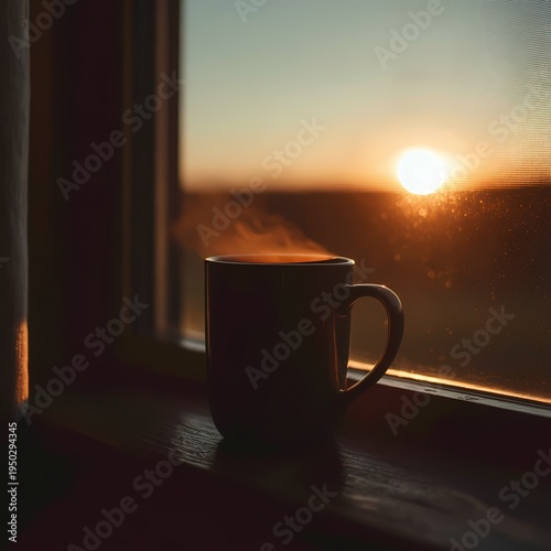 Warm Coffee Mug on Window Sill at Sunrise with Soft Lighting
