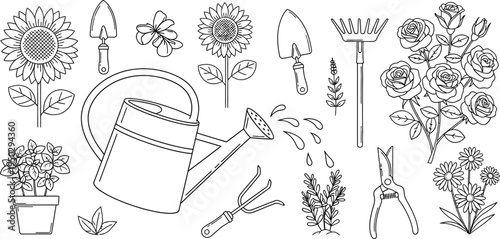 Collection of black and white line art icons featuring various gardening tools and beautiful blooming flowers