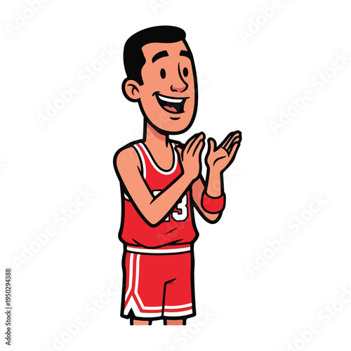 Cartoon basketball player in red uniform clapping happily on white background