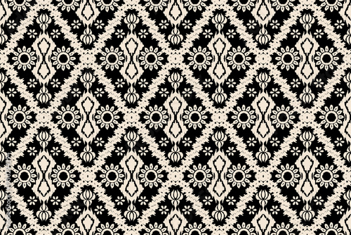 Traditional Ethnic Ikat Vector Pattern, Monochrome Geometric Diamond Ornament, Rustic Hand-Drawn Style Seamless Texture for Apparel, Wrapping Paper, and Boho Interior Design Elements