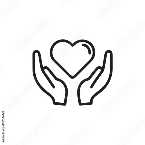 Minimalist black line art icon featuring a simple heart shape held gently between two open hands Vector, illustration