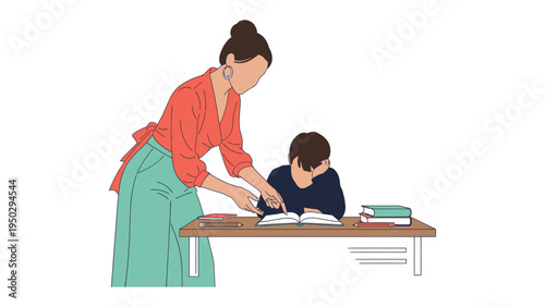 Tutoring Session: A dedicated teacher guides a student through his homework, fostering a supportive and educational environment to aid their learning.