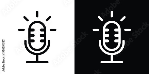 Minimalist outline microphone icon with signal rays. Vector linear design for live streaming, active voice recording, and podcasting. Modern UI element for web and mobile app interfaces.