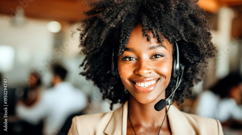 Customer service agent works at call center providing support to clients in a busy office environment during the day