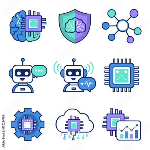 Artificial intelligence technology icons set flat style
