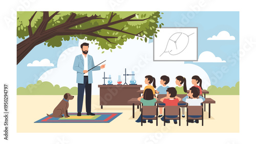 The Guiding Light of Education: A dedicated instructor guides a group of pupils through a science lesson outdoors, the essence of academic and environmental awareness, creating a learning moment.