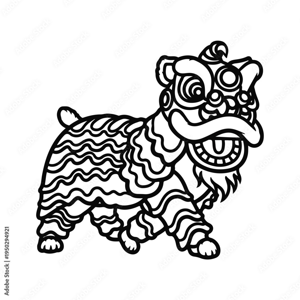 Obraz premium Black and white illustration of a lion dance creature with wavy patterns and open mouth