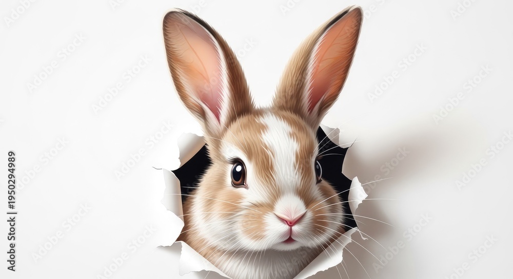 Fototapeta premium Easter bunny portrait peeking out from behind a white background with big ears and brown fur easter celebration concept
