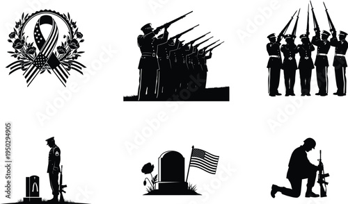 Memorial day tribute with patriotic and military silhouettes