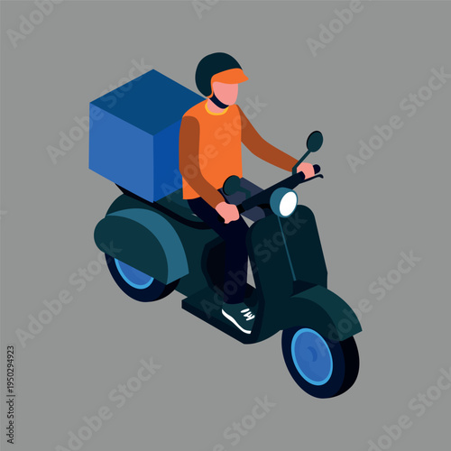 An illustration of a delivery person riding a scooter with a large box