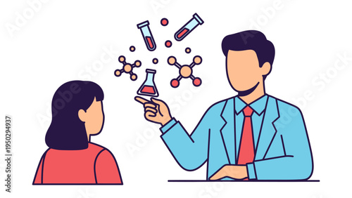 Scientific Exploration: A researcher explains scientific concepts with beakers and atoms to a student, demonstrating the pursuit of knowledge.