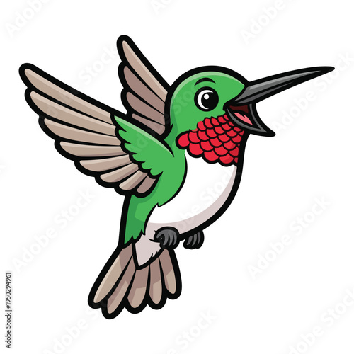 Cartoon hummingbird in mid flight with green feathers and red throat patch