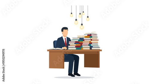 Overwhelmed Scholar in Study: A diligent scholar surrounded by a towering stack of books and illuminated by hanging lights, engrossed in focused study.