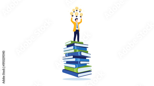 Knowledge and Inspiration: A person stands atop a towering stack of books, reaching towards a cluster of glowing light bulbs, symbolizing the power of education and the generation of ideas. 