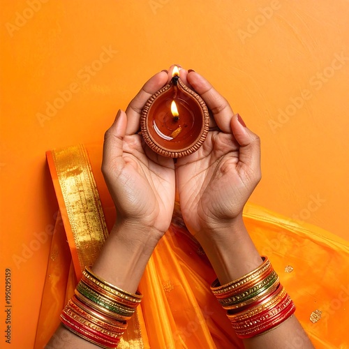 A person's hands cradling a lit clay lamp