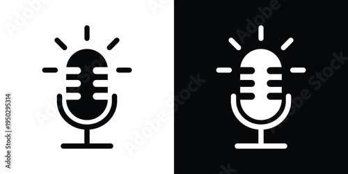 Minimalist outline microphone icon with signal rays. Vector linear design for live streaming, active voice recording, and podcasting. Modern UI element for web and mobile app interfaces.