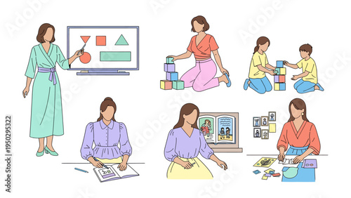 Moments of Nurturing and Learning: A heart-warming illustration series of a caregiver and child engage in variety activities