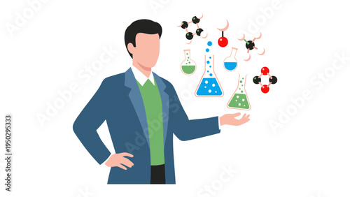 Scientific Research: An illustration of a scientist is immersed in the world of science, surrounded by beakers, molecules, and the spirit of discovery.