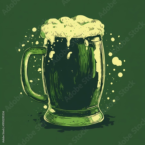 Classic Pint of Beer with Frothy Head on Green Background
