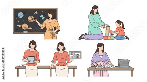 Educator's Various Roles: Illustration showcasing an educator in diverse scenes, teaching about the solar system, assisting with building blocks, using a tablet, and grading papers.
