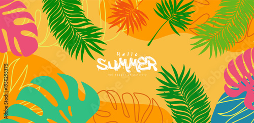 Hello Summer Poster with Warm Yellow Orange Background and Bold Multicolor Tropical Leaf Silhouettes