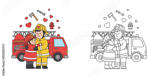 Adorable Firefighter Couple Hugging with Fire Truck and Hearts - Love and Heroism