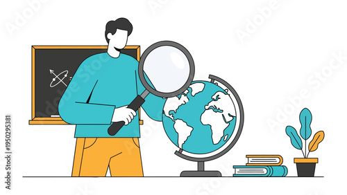 Worldly Exploration: A person, equipped with a magnifying glass, gazes intently at a globe, symbolizing a journey of discovery. Capturing the spirit of knowledge and exploration.