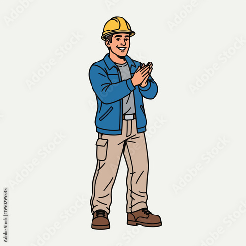 Man wearing yellow hard hat and blue jacket clapping hands in approval
