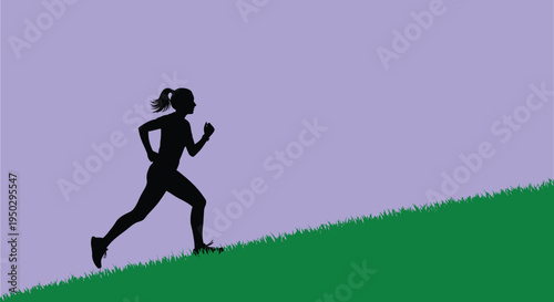 Silhouette of a woman running on a grassy hill against a purple sky