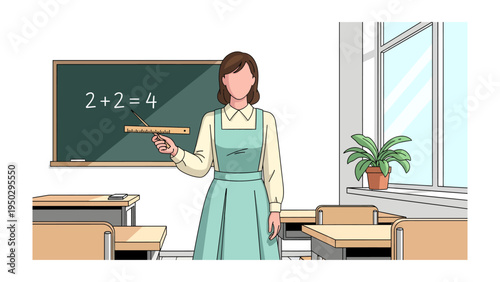 Mathematics Demonstration in Classroom: A teacher using ruler, demonstrating a simple math equation on blackboard, in an empty classroom setting, the perfect educational visual.