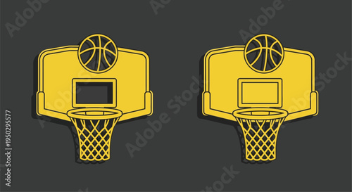Two yellow basketball hoops with nets against a dark background