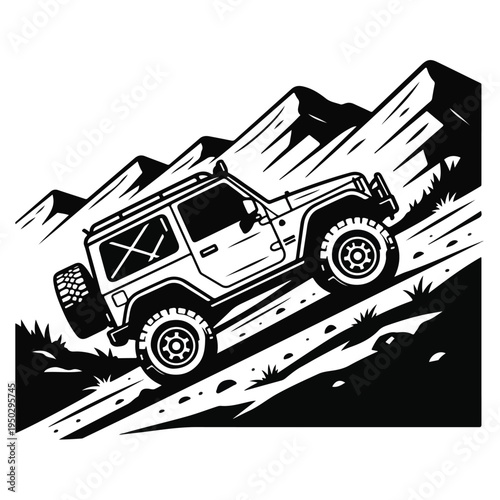 Off road vehicle navigating rugged mountain terrain with large tires