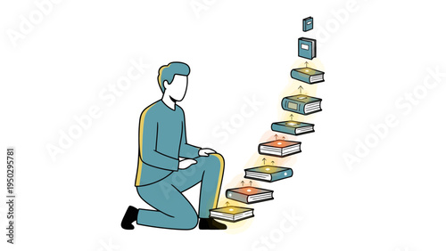 Path to Knowledge: A visual representation of a journey of learning, with a figure ascending a staircase formed by books, each step representing a level of knowledge gained.