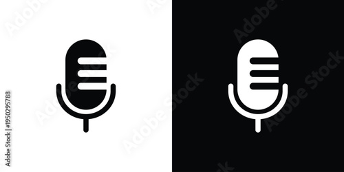 Minimalist outline microphone icon set on white and black backgrounds. Simple vector linear design for voice record, podcast, and audio interface. Clean stroke style for modern app UI.