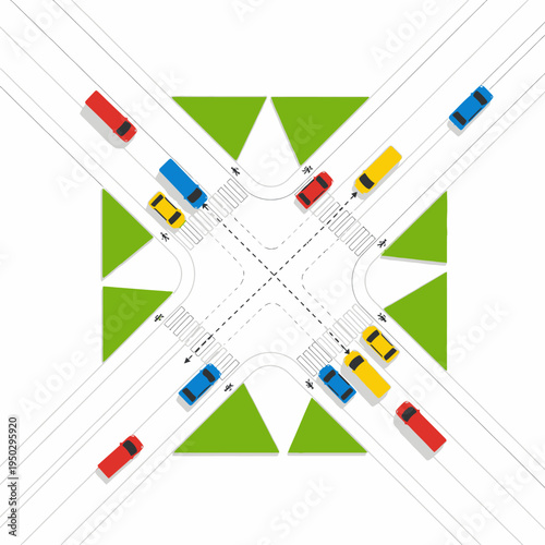 Busy intersection with cars, traffic lights, and crosswalks. Top-down view.