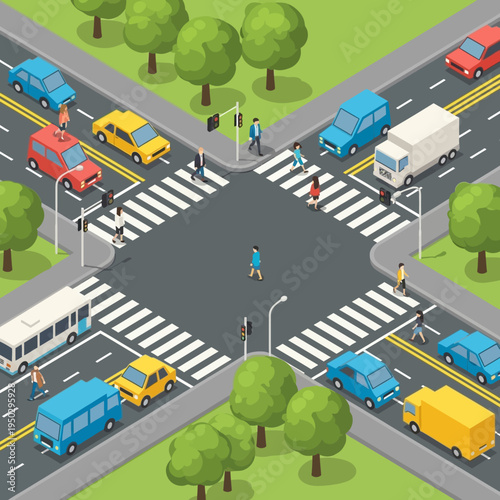 Busy Intersection with Cars, Buses, and Pedestrians Crossing